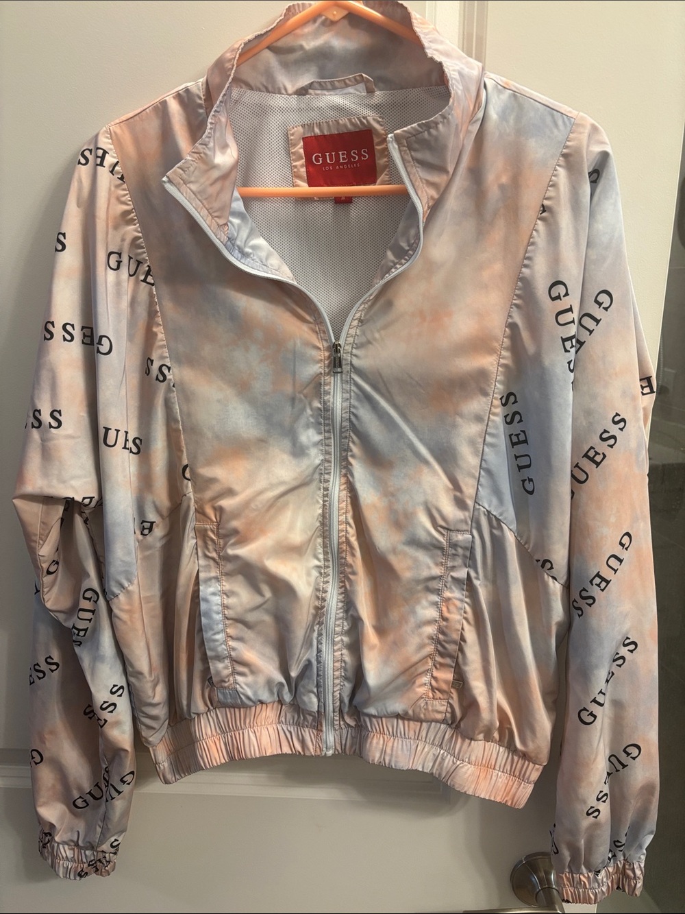 GUESS Pink and Light Gray Tie-Dye Bomber Jacket
